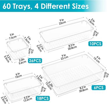 Vtopmart 60-Piece Drawer Organizers, 4 Sizes, Transparent Plastic Drawer Organizers, Containers for Bathroom and Vanity, Organization for Kitchen Utensils, Makeup