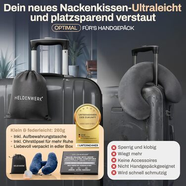 Подушка для шиї HELDENWERK® Air: 5 положень, швидка підкачка, регулювання тиску, знімний капюшон, для подорожей (літак, авто), темно-синій, великий розмір