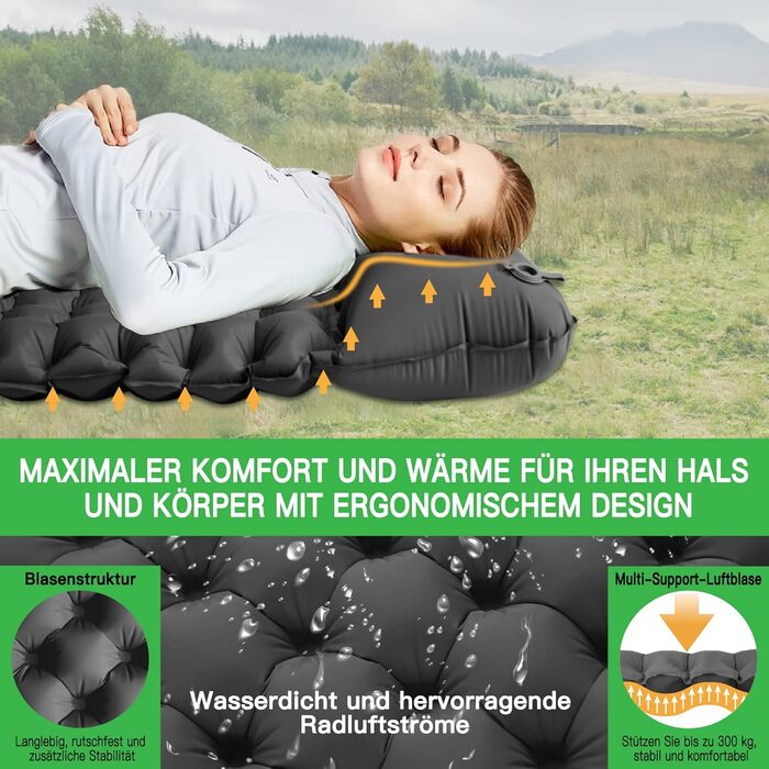 Каремат для кемпінгу на 2 особи Doppel - ультралегкий, 10 см, самонадувний, з помпою та подушкою. Ідеально для подорожей та відпочинку на природі. Сірий колір.