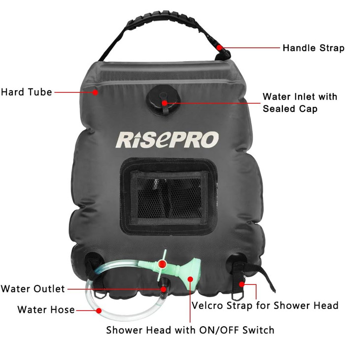 Соняшний душ RISEPRO 20л - портативна сонячна нагрівач для кемпінгу, туризму та відпочинку на природі. Чорний колір.