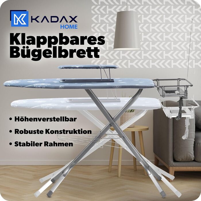 Прасувальна дошка KADAX з підвішуванням для рукавів 130x41 см, поверхня для прасування 53x13 см, з підставкою для праски та розеткою, складна, з підключенням до парогенератора, виготовлена в ЄС (Темно-синій)