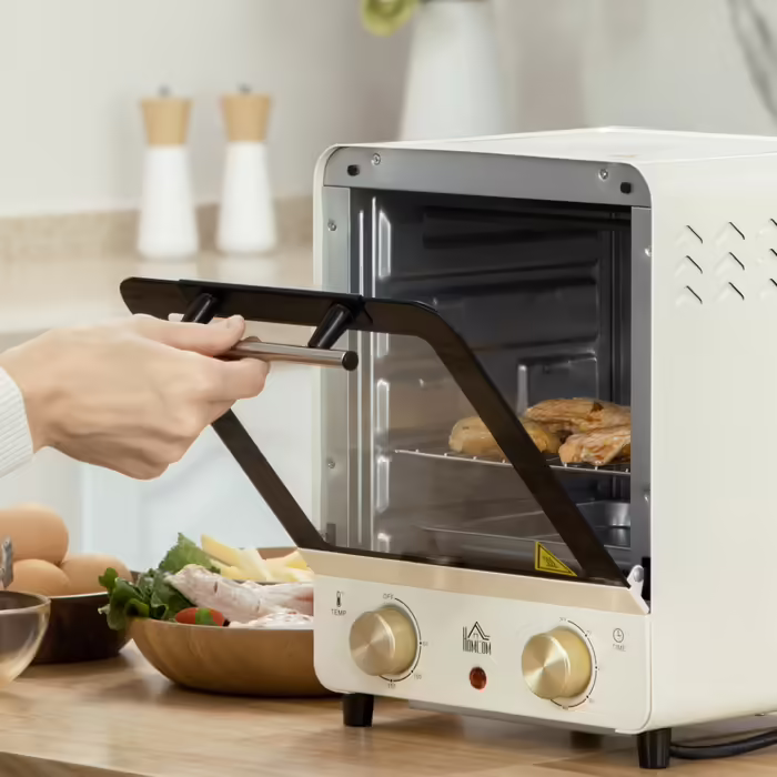 HOMCOM 15L Mini Oven with Convection 1000W 60-230°C, 1 Hour Timer, Pizza Oven including Baking Tray & Crumb Tray, cream white