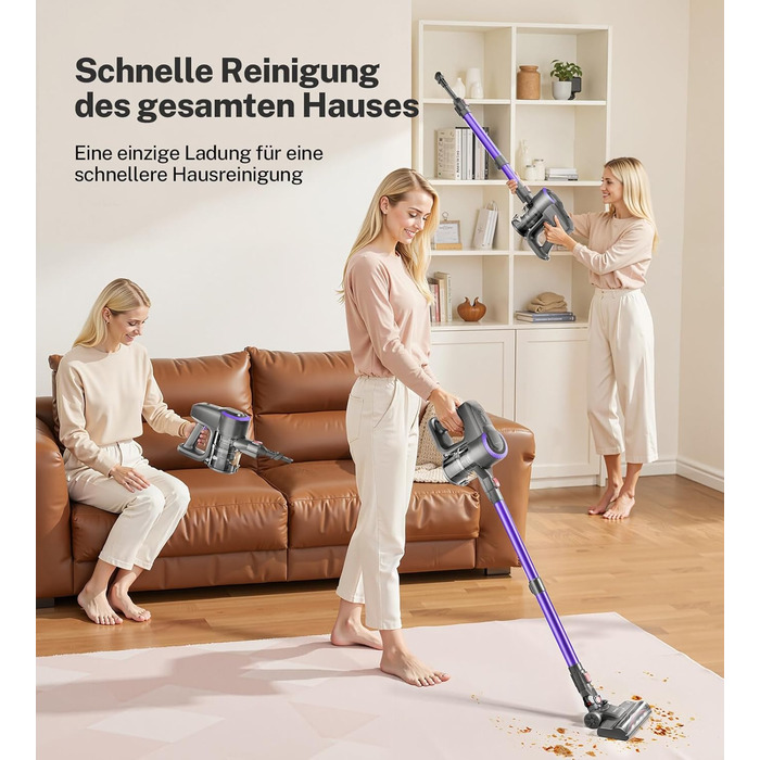 Бездротовий акумуляторний пилосос з потужністю 25000Pa, 175W, час роботи 50 хвилин. З антизаплутувальною насадкою та самостійне зберігання. Легкий ручний пилосос для твердих підлог, килимів, шерсті тварин. Колір: Taro-violett