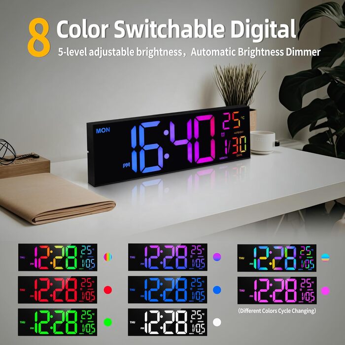 HAITANG Wall Clock Digital - 8 Colors Digital Wall Clock 16.2