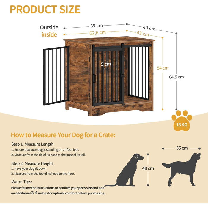 Сучасний вольєр для собак Hzuaneri DFC84301B, 69x49x64.5 см, вінтажний коричневий, з 2 дверцятами, для собак маленьких, середніх та великих порід