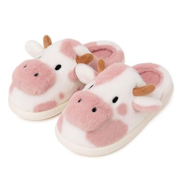Тапочки Corimori Kuh – М'які плюшеві домашні тапочки з дизайном корівки – Кумедлі панчохи, розмір 34-44, 40/41 EU, рожеві