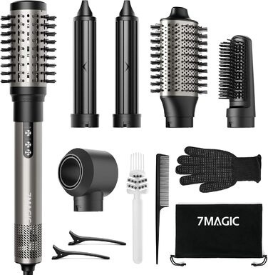 7MAGIC Airstyler 6-в-1: фен-щітка, плойка, завивка, іонізація, для волосся, подорожей, сріблястий