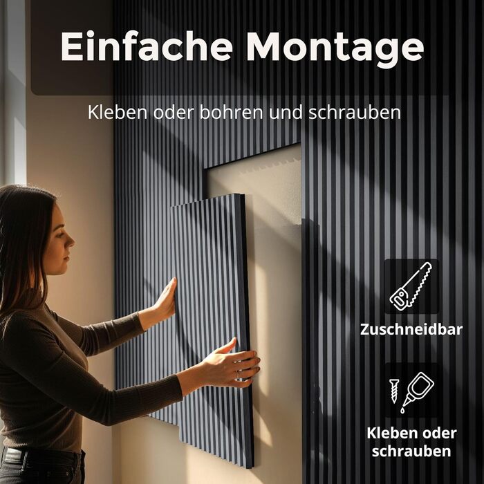 Акустичні панелі з дерева для стін 60x60 см, набір 4 шт, шумоізоляційні стінові панелі з ламелями, колір дуб чорний