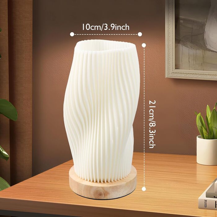 Нічна лампа Focenat з дерев'яним цоколем, 9-рівнів регулювання яскравості, мінімалістична лампа з абажуром з PLA, невелика лампа з кабелем, для спальні, вітальні