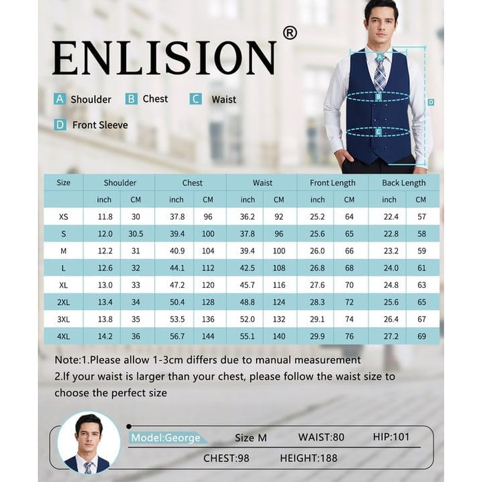 Чоловіча жилетка Enision з двома рядами ґудзиків, V-подібний виріз, Slim Fit, для костюма, повсякденного та ділового стилю (M, Зелений)