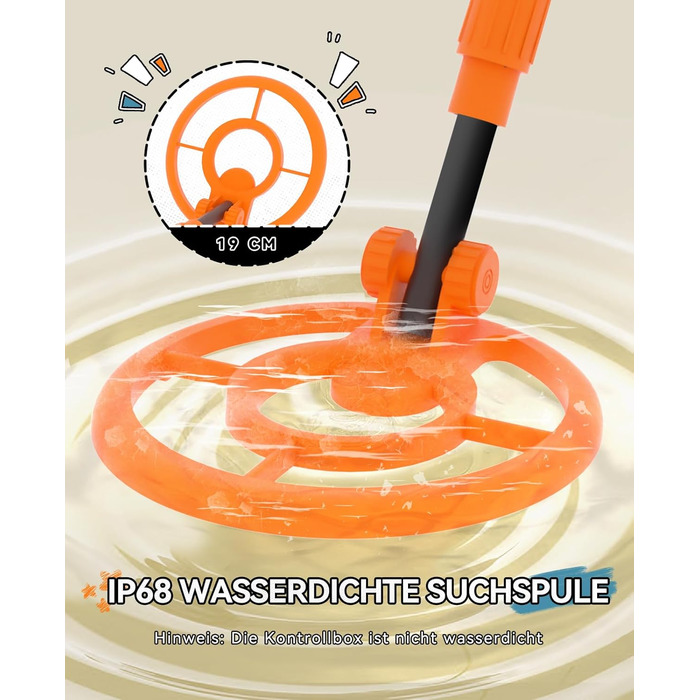 Металодетектор SUNPOW для дітей - LCD-дисплей з мультфільмами, водонепроникна котушка IP68, унісекс дизайн, 3 режими (All Metal/Disc/Pinpoint), регульована ручка 81-102 см для дітей 5-12 років, помаранчевий