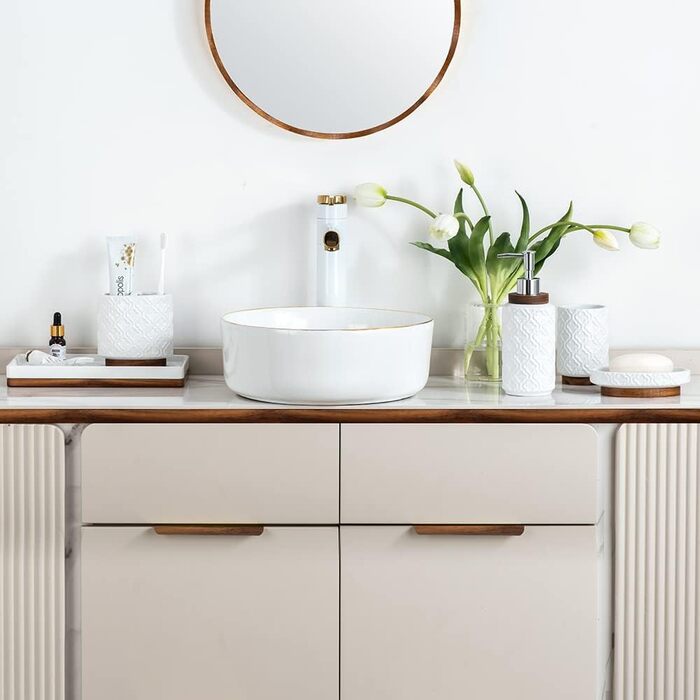 Набір аксесуарів для ванної кімнати RQYIXI, 6 предметів: тримач для зубних щіток, дозатор мила, відро, піднос, чашка, мильниця, кераміка, дерево, теплий білий колір