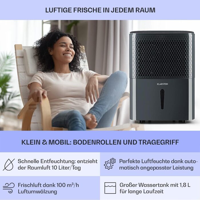 Електричний осушувач повітря Klarstein Luftentfeuchter з очищувачем повітря, 10 л, для квартири, спальні, ванної кімнати, підвалу, антрацит