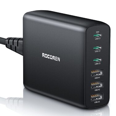 Зарядний пристрій Rocoren USB-C 100W PD3.0 QC4.0 PPS, 6 портів для MacBook Air, iPhone 15 Pro, iPad Pro, Galaxy S24/S23, Huawei - Швидка зарядка