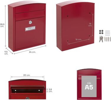 Поштова скринька ARREGUI Compact E5731 сталева, біла (червона) S (DIN A5), настінна, водонепроникна, з табличкою для імені, 2 ключі, проста установка