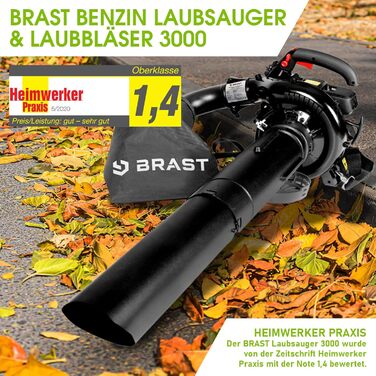 BRAST® Leaf Blower/Vacuum - Gas Powered 1.0kW (1.36HP) | 55L Collection Bag | Includes 2 Blow Pipes, Shoulder Strap & Anti-Vibration Handle | 4-in-1 Function | Blowing Speed 73 m/s