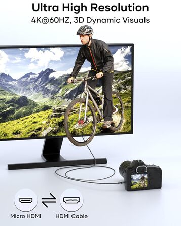 Кабель Micro HDMI - HDMI 2M, 4K@60Hz, підходить для Raspberry Pi, GoPro, камер, TV, моніторів, ноутбуків