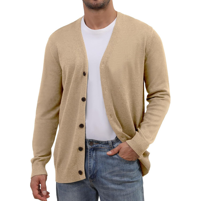 Чоловічий в'язаний кардиган вінтажного стилю з ґудзиками, з довгим рукавом, V-подібний виріз, легкий та теплий на осінь/зиму, бежевий, розмір M