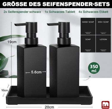 Диспенсер для мила GMISUN чорний скляний 350 мл для кухні та ванної кімнати з піддоном та водонепроникними етикетками