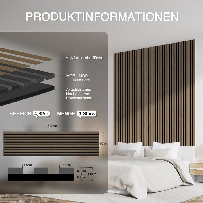 Акустична стінова панель з натурального шпону Темний дуб, 240x60x1.8 см, набір 3 шт. для дому, офісу та студії