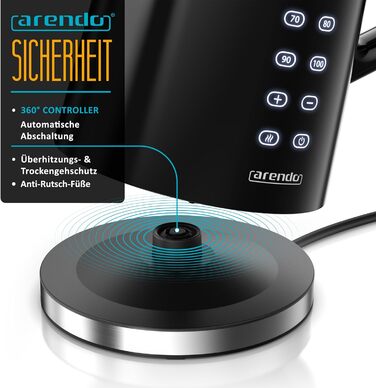 Електричний чайник Arendo з регулюванням температури, нержавіюча сталь, подвійні стінки Cool Touch, дисплей, бездротовий, 2200 Вт, 1,7 л, захист від перегріву, функція підтримки тепла, чорний