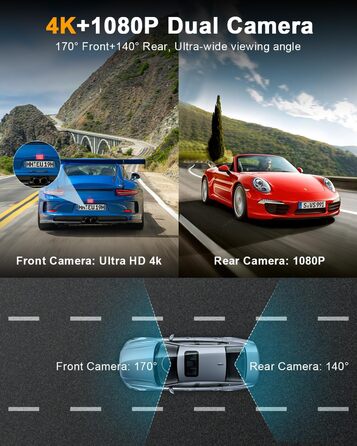 Відеореєстратор у машину Dashcam 4K з двома камерами, WiFi, 64GB SD карта, паркувальний асистент, нічне бачення, 170°+140° кут огляду, 3' IPS дисплей, G-сенсор, циклічна запис, паркування, підтримка карт до 256GB