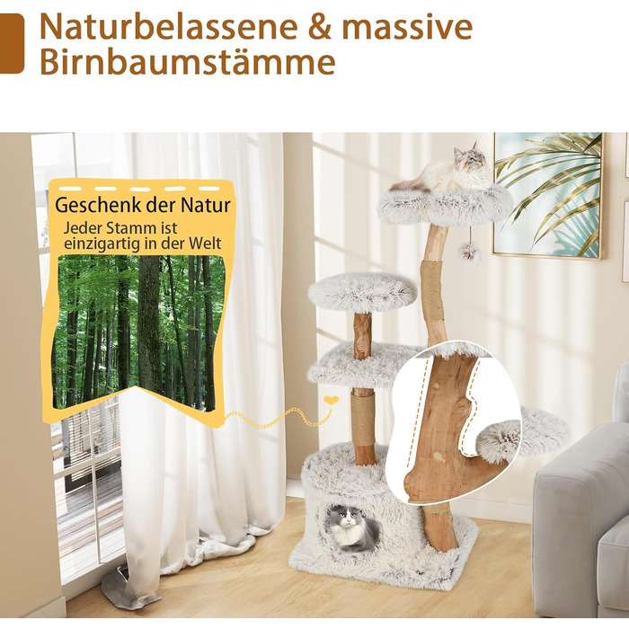 Дерев'яний кігтеточка SOARS для котів з 3 природними стовбурами, ліжком та плюшевими поверхнями, кігтеточка з іграшковим м'ячиком та джутовим мотузком, багатоповерхова, 49 x 59 x 110 см, білий