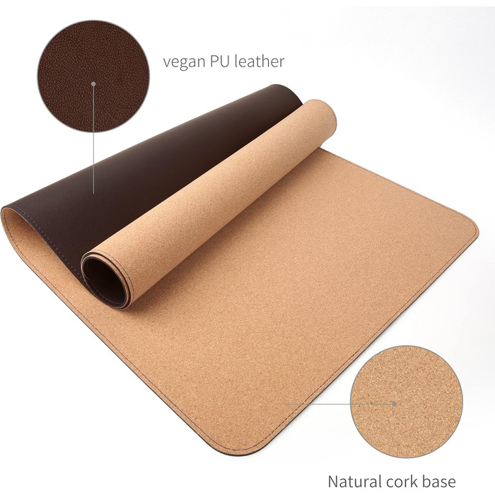 RENMTURE Килимок для миші з натуральної пробки та PU-шкіри, 80 x 40 см, захист столу, антиковзаюча поверхня, водонепроникний, для офісу та дому (Темний Кофе)