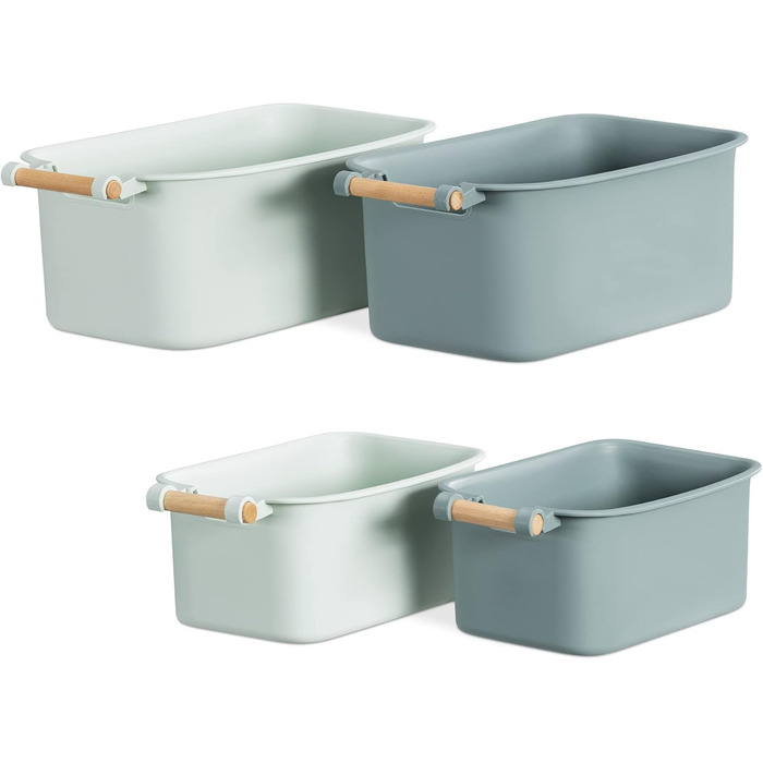 Navaris 4x Storage Box Storage Crate with Wooden Handle - Plastic Box Organizer for Storage - Container Box for Bathroom Kitchen