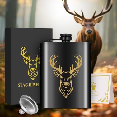 Фляга туристична 237мл з нержавіючої сталі, з воронкою та листівкою, подарункова коробка, з візерунком 'Золотий олень'