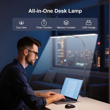 LED лампа настільна з регулюванням яскравості - 1500LM 24W, кріплення-прищіпка, з пультом, гнушкий 80см шнур, USB-порт, для офісу та дому (Чорний)