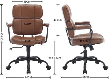 Офісний крісло з штучної шкіри, 360° обертання, регульована висота, ергономічний комп'ютерний стілець з підлокітниками для робочого кабінету/офісу/вітальні, Колір: Коричневий