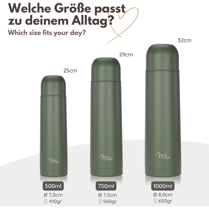 Термос Milu: ізольована фляга з нержавіючої сталі, 100% без витоку, подвійна ізоляція (оливковий, 1000 мл)