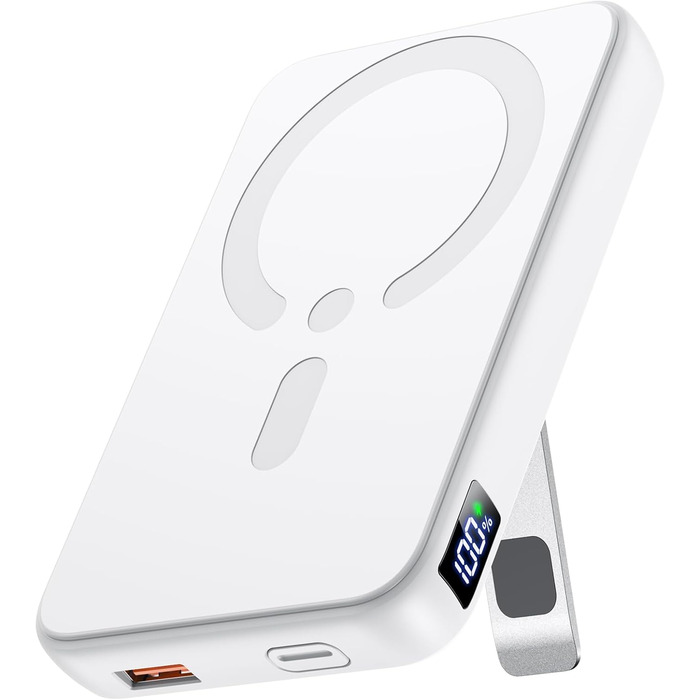 Пауербанк MagSafe 12000mAh з бездротовою зарядкою для iPhone, PD 22.5W, USB-A вихід, LED-дисплей, Type-C вхід/вихід, білий