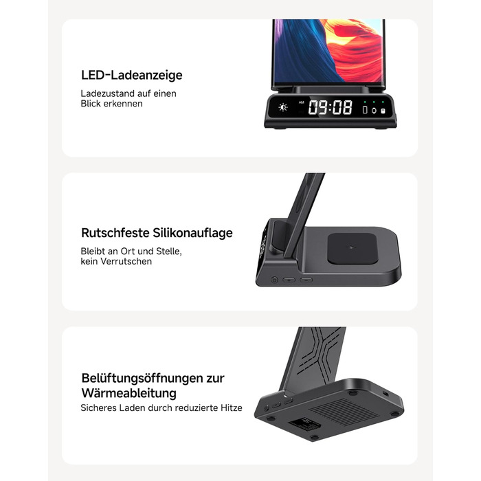 Бездротова зарядка 3-в-1 для Samsung Galaxy S25 Ultra, Watch 8/Ultra/7/6, Buds 3/3 Pro. Чорний колір