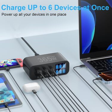 Зарядний пристрій USB-C 365W YSYFAD з 6 портами, PD 100W, QC 3.0, LED індикатор - для MacBook, ноутбуків, iPhone, iPad (Чорний)