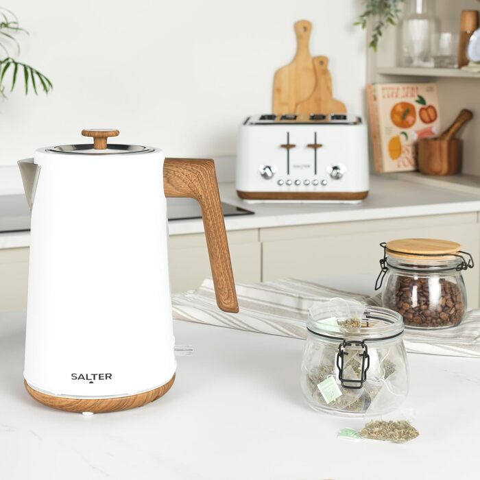 Електричний чайник SALTER Toronto з широкими слотами, 6 режимів підігріву, знімний контейнер для крихт, функція розморожування, підігріву та відключення, самоцентрування, підйомний механізм, білий, UK-штекер