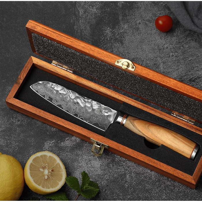 Японський ніж Santoku Zayiko Minami Premium з 12 см лезом з дамаської сталі 67 шарів, ручка з оливкового дерева, дерев'яна коробка. Кухонний ніж для професіоналів та дому без гравіювання