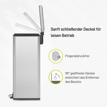 Відро для сміття EKO Madison 30л з м'яким закриттям кришки, нержавіюча сталь, знімний внутрішній відерце, стійке до відбитків пальців, з 20 мішками для сміття 30л