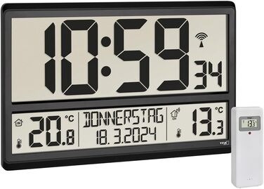 TFA Dostmann Digital XL Wall Clock, 60.4521.01, with outdoor temperature, indoor temperature, weekday (8 languages), radio clock, date, black, (L) 360 x (W) 235 x (H) 28 (84) mm