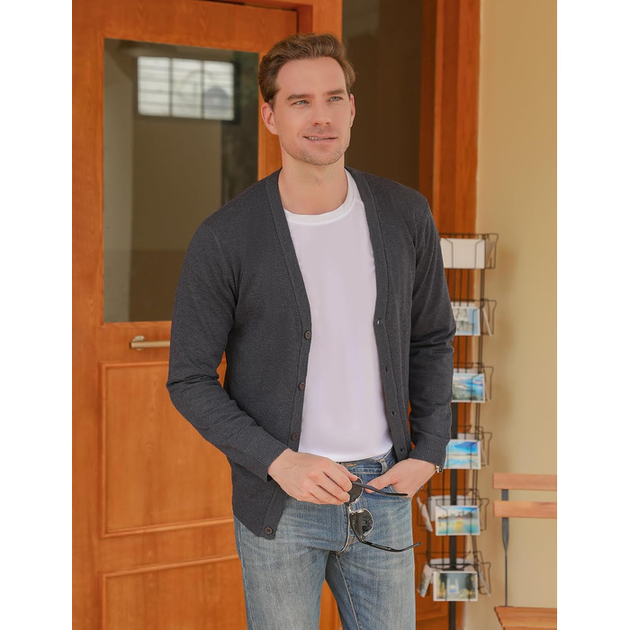 iClosa Кардиган чоловічий з V-подібним вирізом, легкий, в'язаний, з ґудзиками, темно-сірий, розмір L