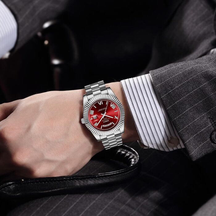 Годинник чоловічий NIBOSI - аналоговий кварцовий годинник з нержавіючої сталі. Водонепроникні бізнес-годинники для чоловіків з датою та індикатором дня тижня (срібно-червоний)