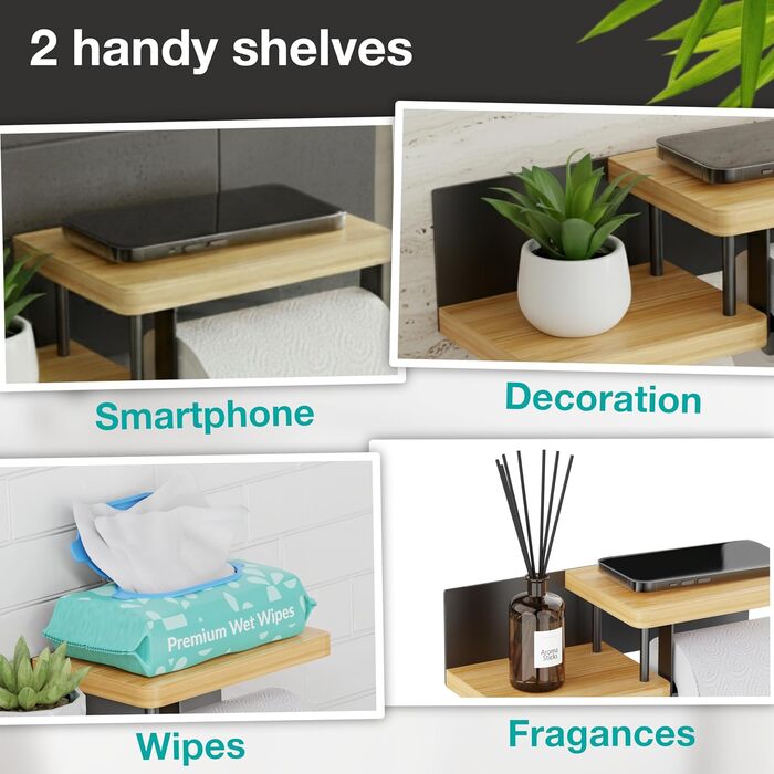 Тримач туалетного паперу Hovea з 2 полицями - настінний, без свердління, метал та дерево, чорний & бамбук