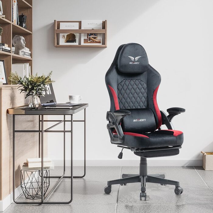 Геймерське крісло Racing Ergonomic з регульованою подушкою для голови та підставкою для ніг, тканинна оббивка, чорно-червоне
