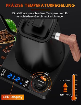 Vmotal Stainless Steel Kettle with Temperature Setting, Swan Neck Kettle, 24-Hour Keep Warm Function, 1200W Electric Kettle with Temperature Display, 1L Coffee Kettle