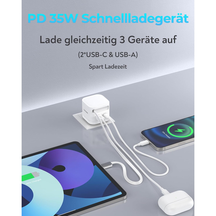 Зарядний пристрій 65W USB-C GaN з кабелем для Apple Watch, MacBook, iPhone, iPad, Samsung Galaxy - білий