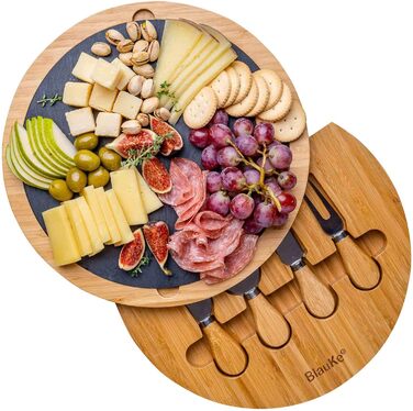 Bamboo Cheese Board with Cheese Knife Set and Slate Plate – Wooden Serving Platter for Cheese and Appetizers – 30cm Rotating Cheese Board – Round Serving Board – Cheese Board Charcuterie Board