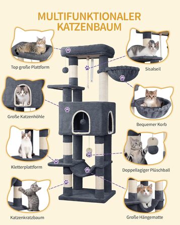 Дерево для котів Hzuaneri, 149 см, з 5 стовпчиками для шліфування, великими платформами, гніздом-хованкою, багатоярусне, з помпонами, MS14918LG (темно-сірий)