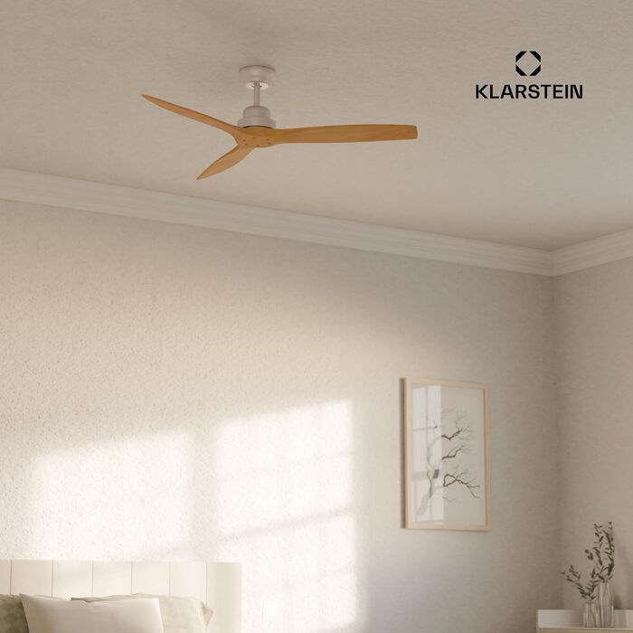 Стельовий вентилятор Klarstein Santa Elena Smart: з Wi-Fi, пультом, 6 швидкостей, дерев'яні лопаті, режими зима/літо, 132 см, клен