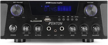 Fenton AV430B караоке підсилювач 600 Вт з Bluetooth, USB, SD, MP3, 2 мікрофонні входи, стерео Hi-Fi, з пультом, чорний